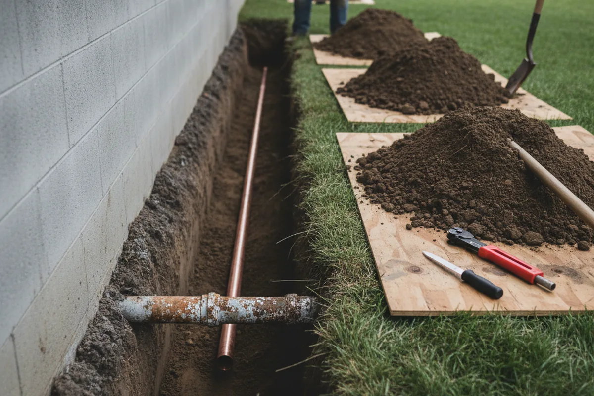 Excavated water line trench during Water Softener Installation in Queen